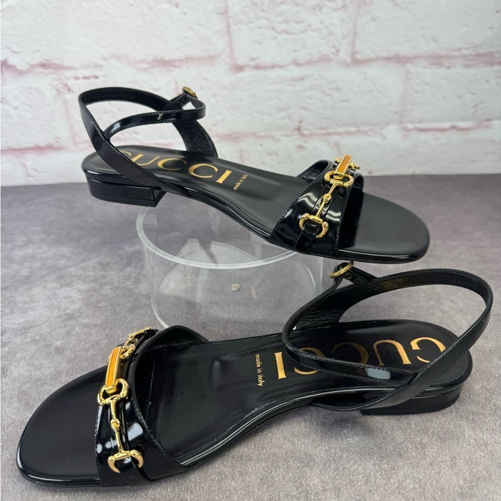 Gucci NIB Horsebit Black Patent Sandals Flats 38.5